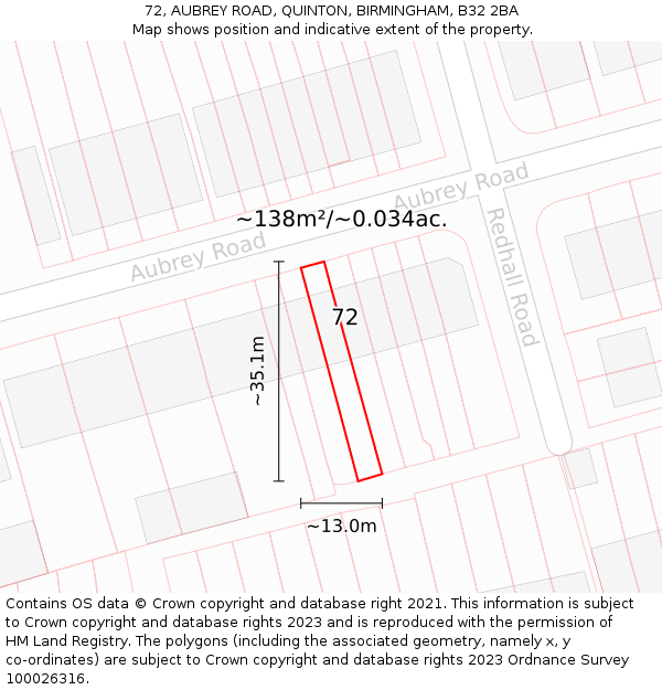 72, AUBREY ROAD, QUINTON, BIRMINGHAM, B32 2BA: Plot and title map
