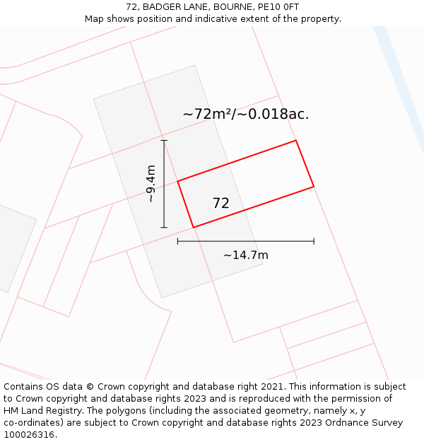 72, BADGER LANE, BOURNE, PE10 0FT: Plot and title map