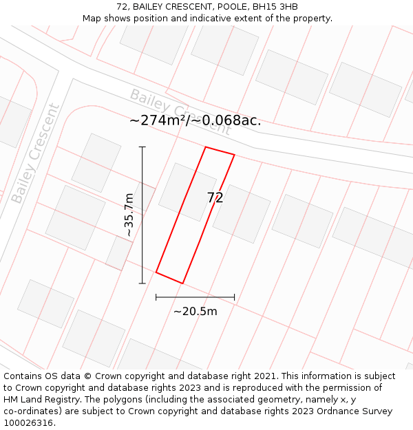 72, BAILEY CRESCENT, POOLE, BH15 3HB: Plot and title map