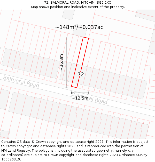72, BALMORAL ROAD, HITCHIN, SG5 1XQ: Plot and title map