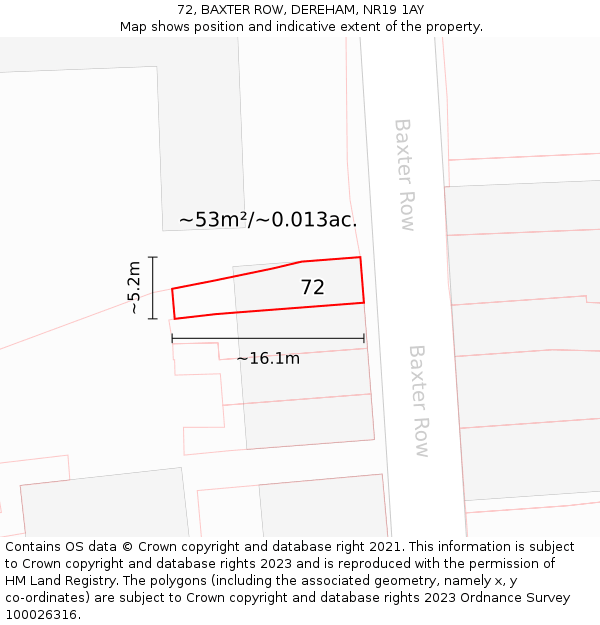 72, BAXTER ROW, DEREHAM, NR19 1AY: Plot and title map
