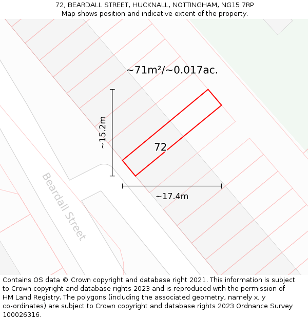 72, BEARDALL STREET, HUCKNALL, NOTTINGHAM, NG15 7RP: Plot and title map