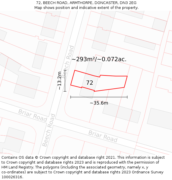 72, BEECH ROAD, ARMTHORPE, DONCASTER, DN3 2EG: Plot and title map