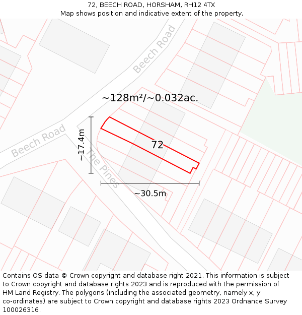 72, BEECH ROAD, HORSHAM, RH12 4TX: Plot and title map