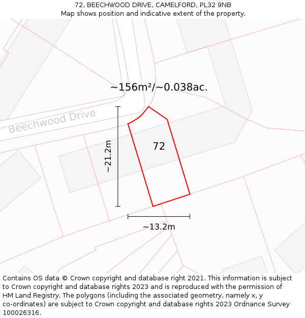 72, BEECHWOOD DRIVE, CAMELFORD, PL32 9NB: Plot and title map