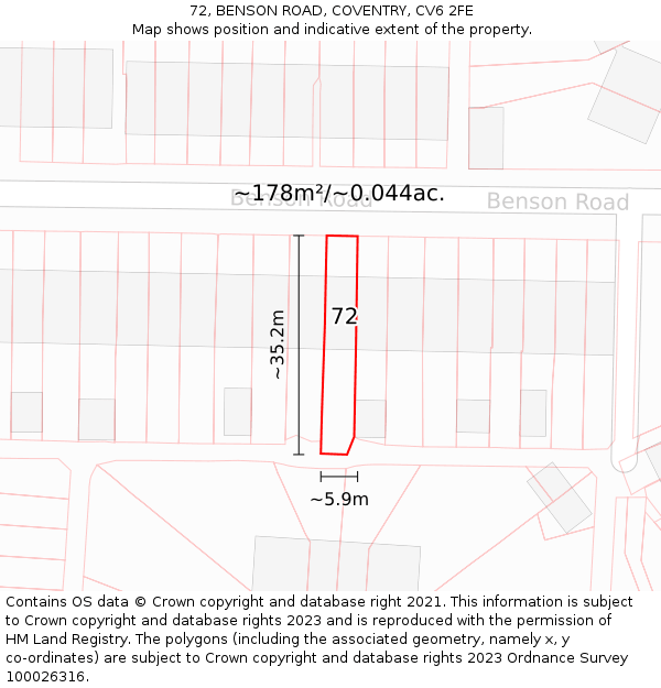 72, BENSON ROAD, COVENTRY, CV6 2FE: Plot and title map