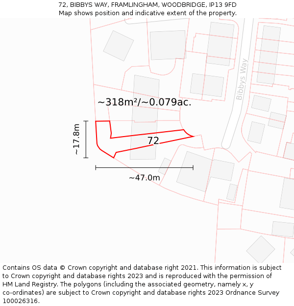 72, BIBBYS WAY, FRAMLINGHAM, WOODBRIDGE, IP13 9FD: Plot and title map