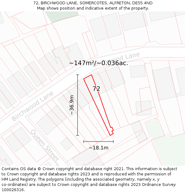 72, BIRCHWOOD LANE, SOMERCOTES, ALFRETON, DE55 4ND: Plot and title map
