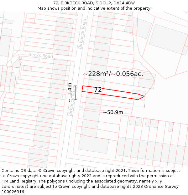 72, BIRKBECK ROAD, SIDCUP, DA14 4DW: Plot and title map