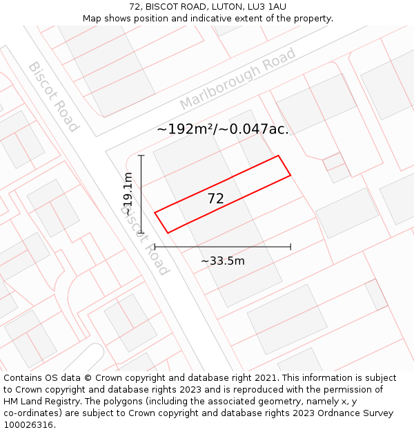 72, BISCOT ROAD, LUTON, LU3 1AU: Plot and title map