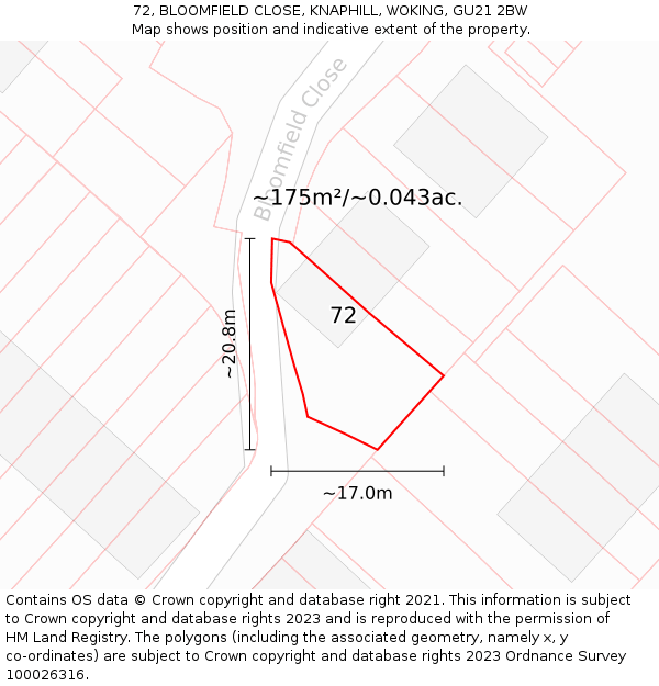 72, BLOOMFIELD CLOSE, KNAPHILL, WOKING, GU21 2BW: Plot and title map