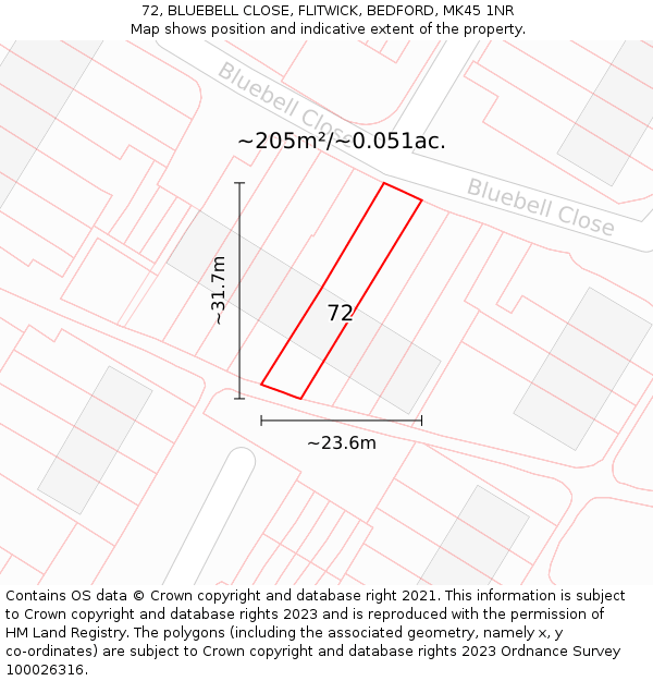 72, BLUEBELL CLOSE, FLITWICK, BEDFORD, MK45 1NR: Plot and title map