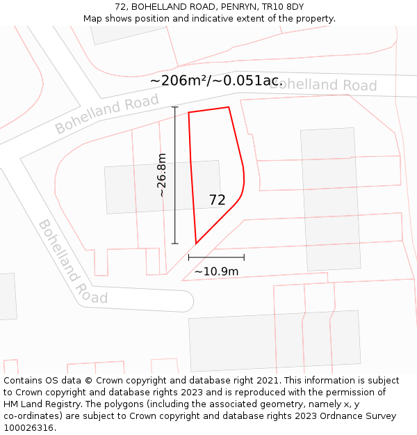 72, BOHELLAND ROAD, PENRYN, TR10 8DY: Plot and title map