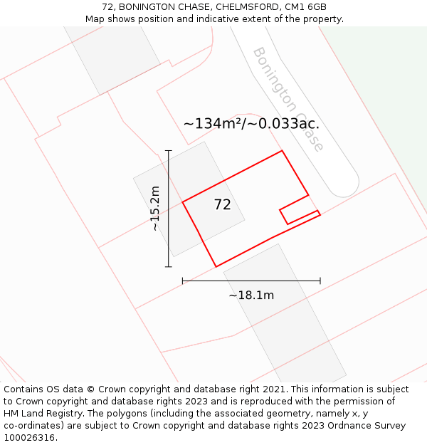 72, BONINGTON CHASE, CHELMSFORD, CM1 6GB: Plot and title map