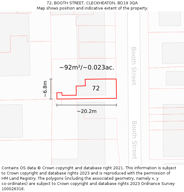72, BOOTH STREET, CLECKHEATON, BD19 3QA: Plot and title map