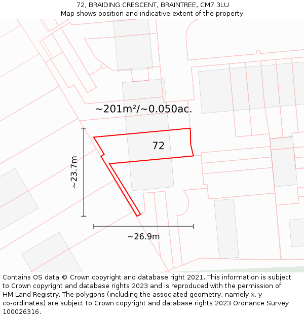 72, BRAIDING CRESCENT, BRAINTREE, CM7 3LU: Plot and title map