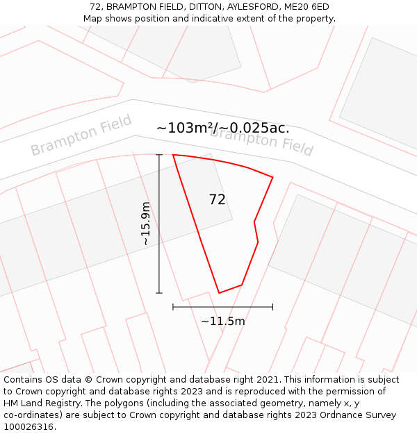 72, BRAMPTON FIELD, DITTON, AYLESFORD, ME20 6ED: Plot and title map