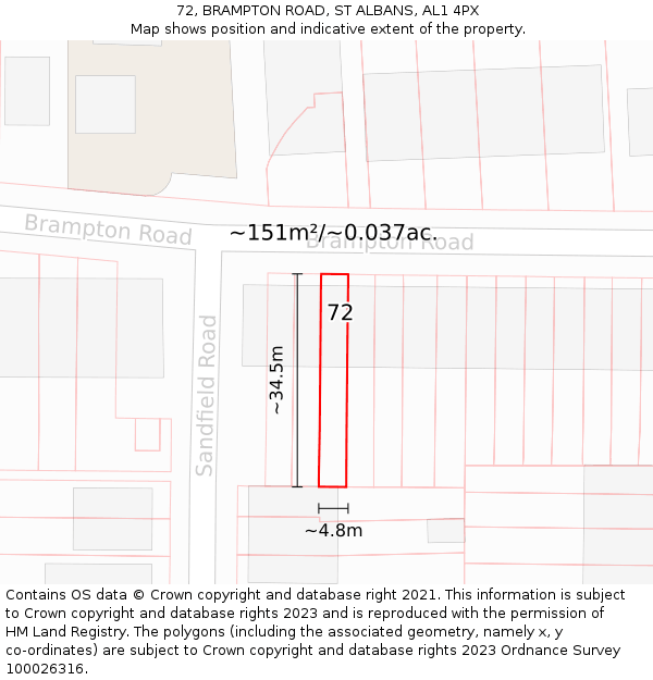 72, BRAMPTON ROAD, ST ALBANS, AL1 4PX: Plot and title map