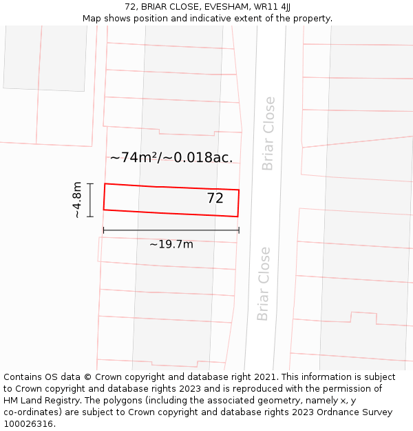 72, BRIAR CLOSE, EVESHAM, WR11 4JJ: Plot and title map