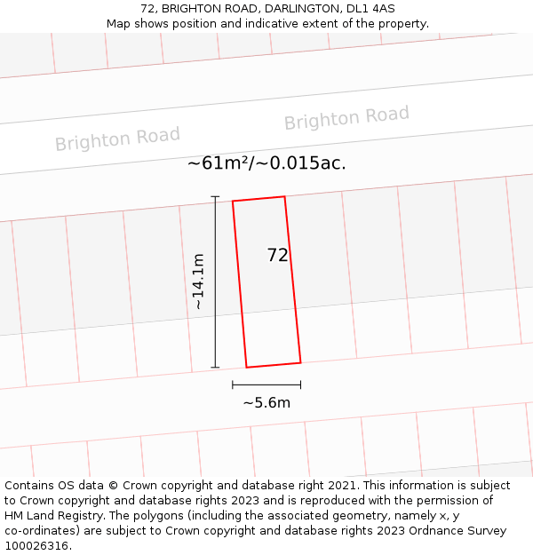 72, BRIGHTON ROAD, DARLINGTON, DL1 4AS: Plot and title map