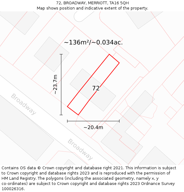 72, BROADWAY, MERRIOTT, TA16 5QH: Plot and title map