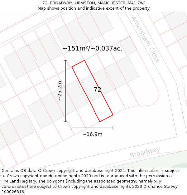 72, BROADWAY, URMSTON, MANCHESTER, M41 7WF: Plot and title map