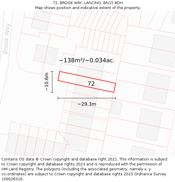 72, BROOK WAY, LANCING, BN15 8DH: Plot and title map