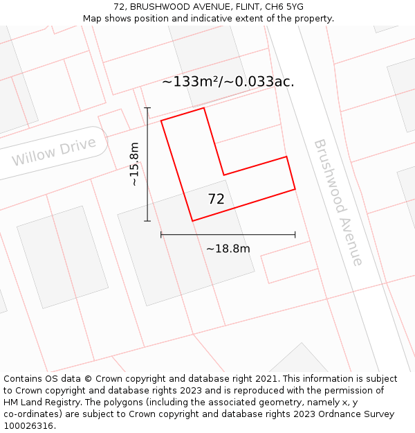72, BRUSHWOOD AVENUE, FLINT, CH6 5YG: Plot and title map