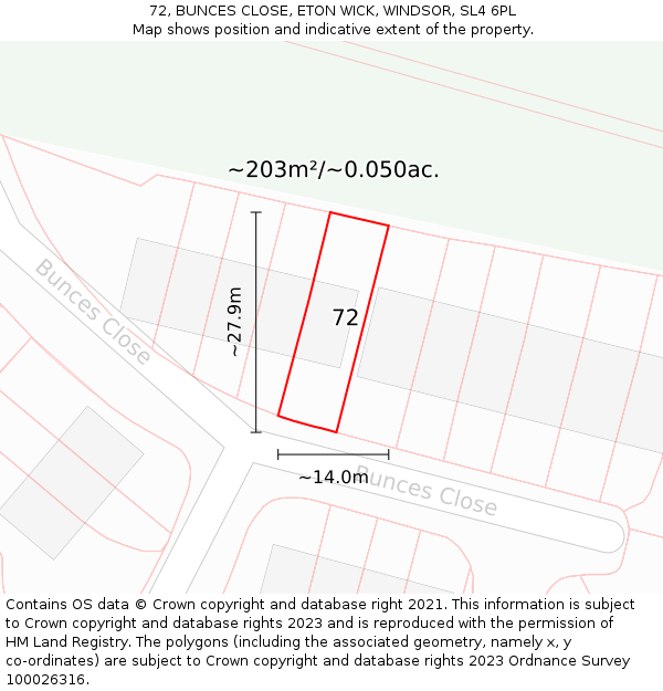 72, BUNCES CLOSE, ETON WICK, WINDSOR, SL4 6PL: Plot and title map