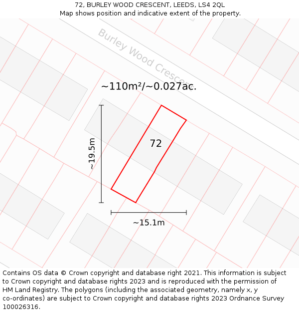 72, BURLEY WOOD CRESCENT, LEEDS, LS4 2QL: Plot and title map