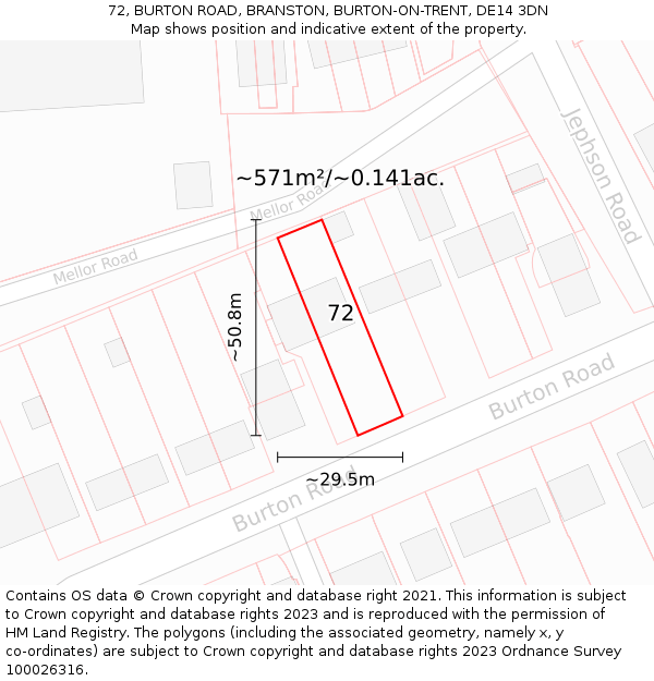 72, BURTON ROAD, BRANSTON, BURTON-ON-TRENT, DE14 3DN: Plot and title map