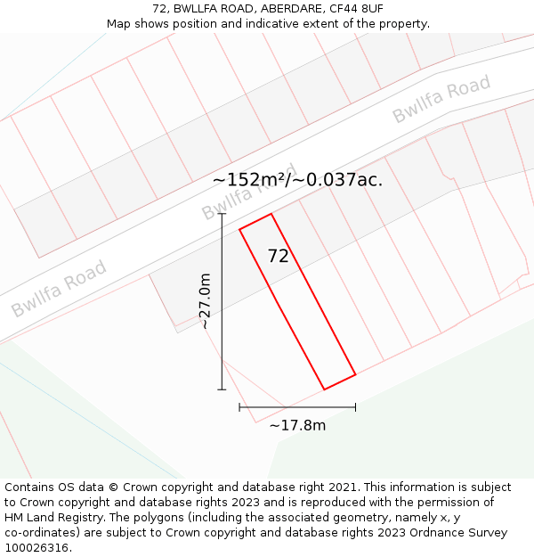 72, BWLLFA ROAD, ABERDARE, CF44 8UF: Plot and title map