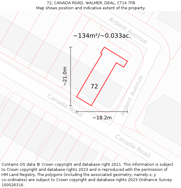 72, CANADA ROAD, WALMER, DEAL, CT14 7FB: Plot and title map