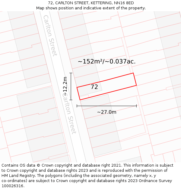 72, CARLTON STREET, KETTERING, NN16 8ED: Plot and title map