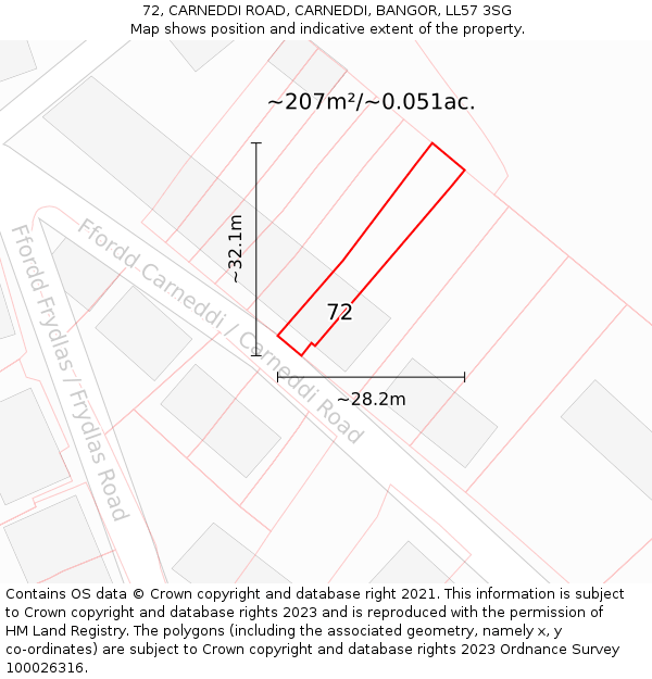 72, CARNEDDI ROAD, CARNEDDI, BANGOR, LL57 3SG: Plot and title map