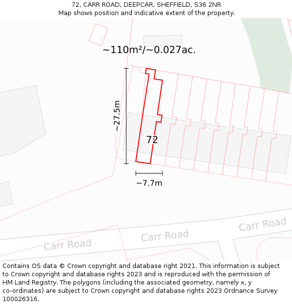 72, CARR ROAD, DEEPCAR, SHEFFIELD, S36 2NR: Plot and title map