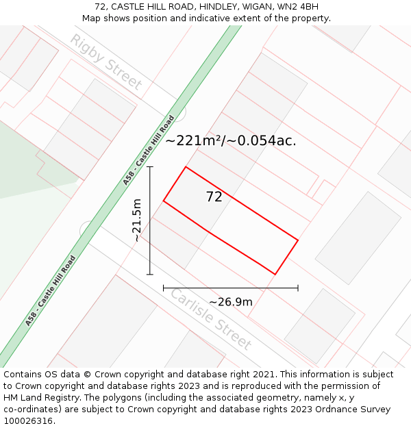 72, CASTLE HILL ROAD, HINDLEY, WIGAN, WN2 4BH: Plot and title map