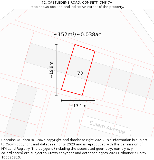 72, CASTLEDENE ROAD, CONSETT, DH8 7HJ: Plot and title map