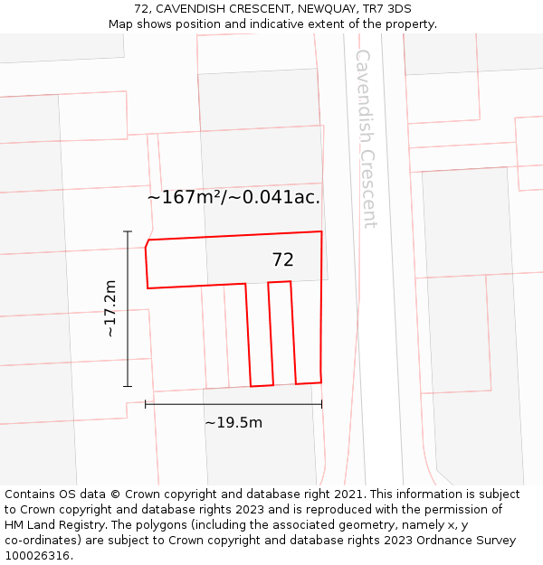 72, CAVENDISH CRESCENT, NEWQUAY, TR7 3DS: Plot and title map