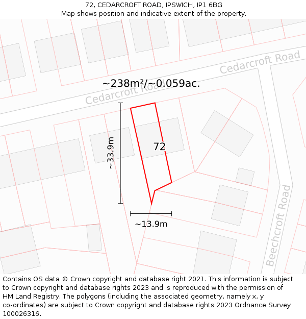 72, CEDARCROFT ROAD, IPSWICH, IP1 6BG: Plot and title map