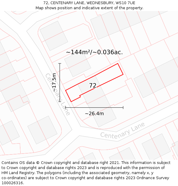 72, CENTENARY LANE, WEDNESBURY, WS10 7UE: Plot and title map