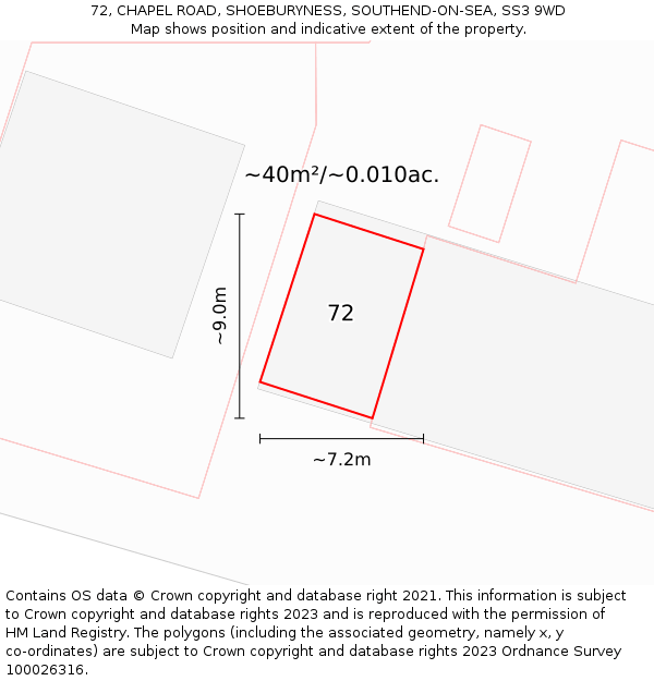 72, CHAPEL ROAD, SHOEBURYNESS, SOUTHEND-ON-SEA, SS3 9WD: Plot and title map