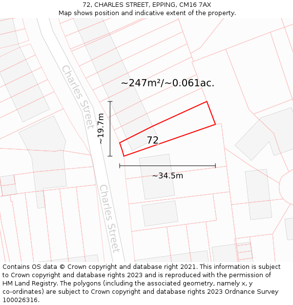 72, CHARLES STREET, EPPING, CM16 7AX: Plot and title map