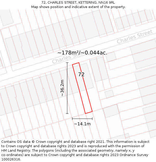 72, CHARLES STREET, KETTERING, NN16 9RL: Plot and title map