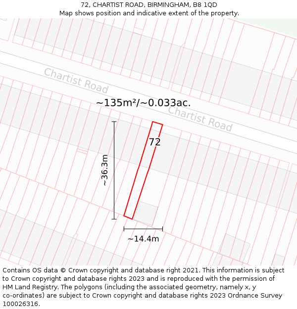 72, CHARTIST ROAD, BIRMINGHAM, B8 1QD: Plot and title map