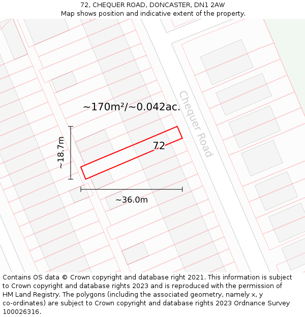72, CHEQUER ROAD, DONCASTER, DN1 2AW: Plot and title map