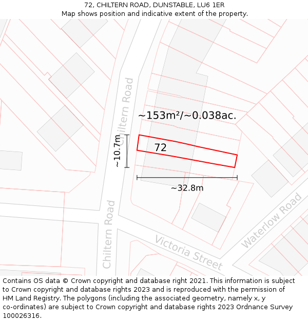 72, CHILTERN ROAD, DUNSTABLE, LU6 1ER: Plot and title map