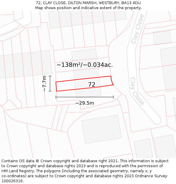 72, CLAY CLOSE, DILTON MARSH, WESTBURY, BA13 4DU: Plot and title map