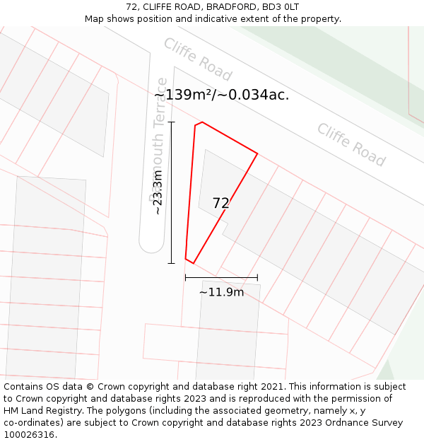 72, CLIFFE ROAD, BRADFORD, BD3 0LT: Plot and title map