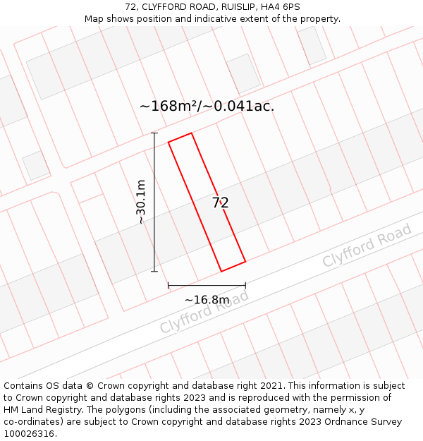 72, CLYFFORD ROAD, RUISLIP, HA4 6PS: Plot and title map